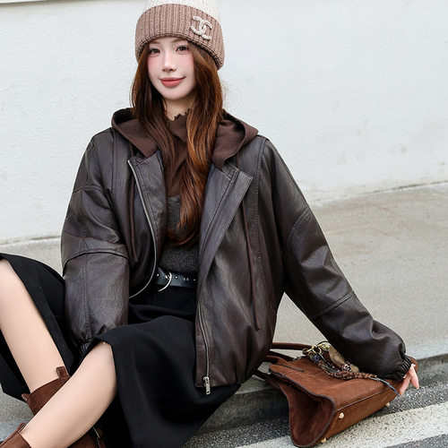 宽松保暖连帽羽绒内里加厚皮衣女