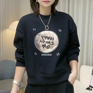 欧洲站加绒卫衣女2024冬季新款美拉德印花圆领宽松小个子短款上衣