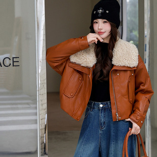 大翻领加绒皮衣短外套女2025秋冬新款 酷飒机车PU皮夹克潮 保暖时尚