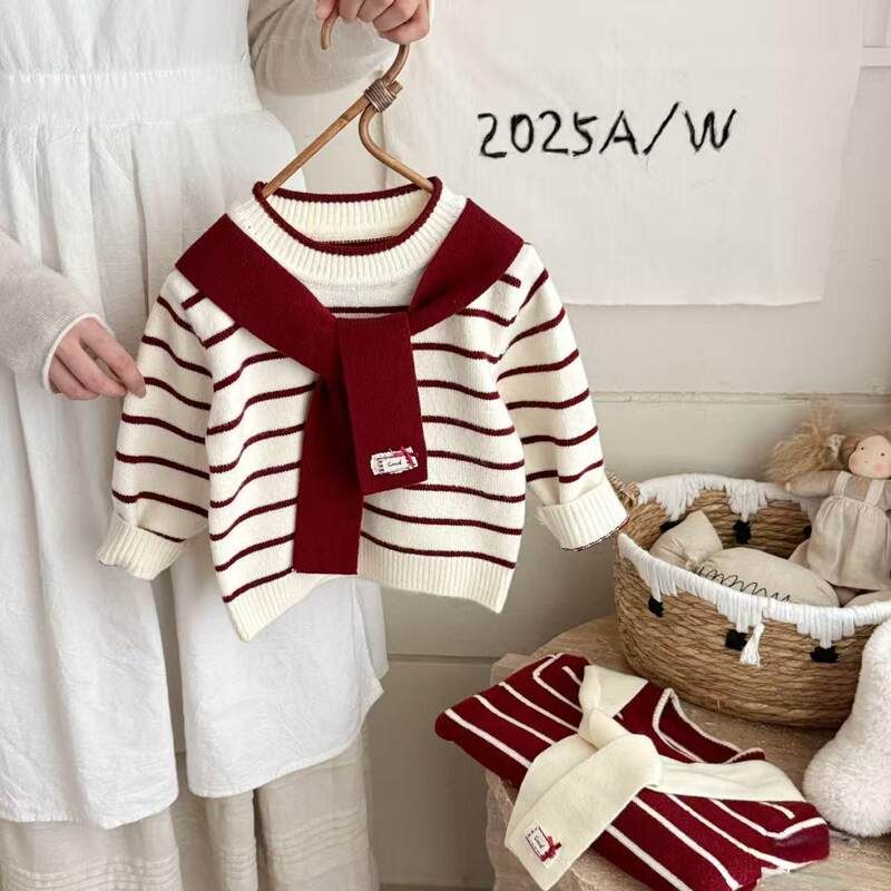 学院风女童毛衣披肩条纹圆领针织套头2025新款韩版儿童毛衣秋冬