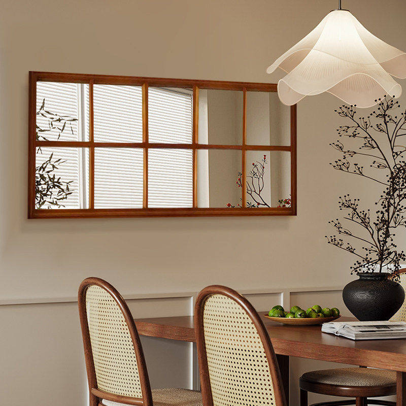 法式奶油风假窗户大镜美式玄关镜原木家用客厅背景墙面装饰壁挂镜