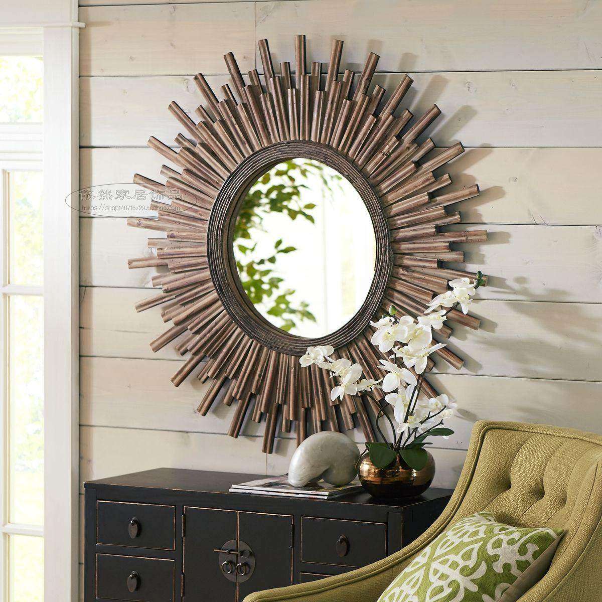 欧美太阳圆形镜子卧室梳妆镜浴室镜门厅背景墙挂镜玄关装饰镜定做