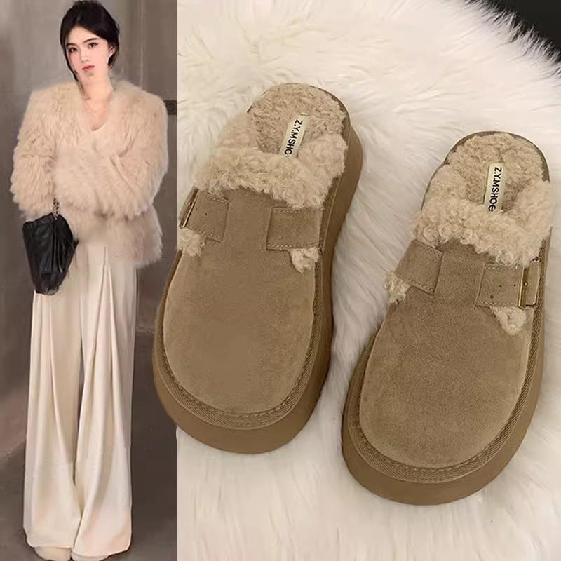 厚底包头半拖鞋女外穿2025新款秋冬加绒保暖羊羔毛毛勃肯鞋子棉拖