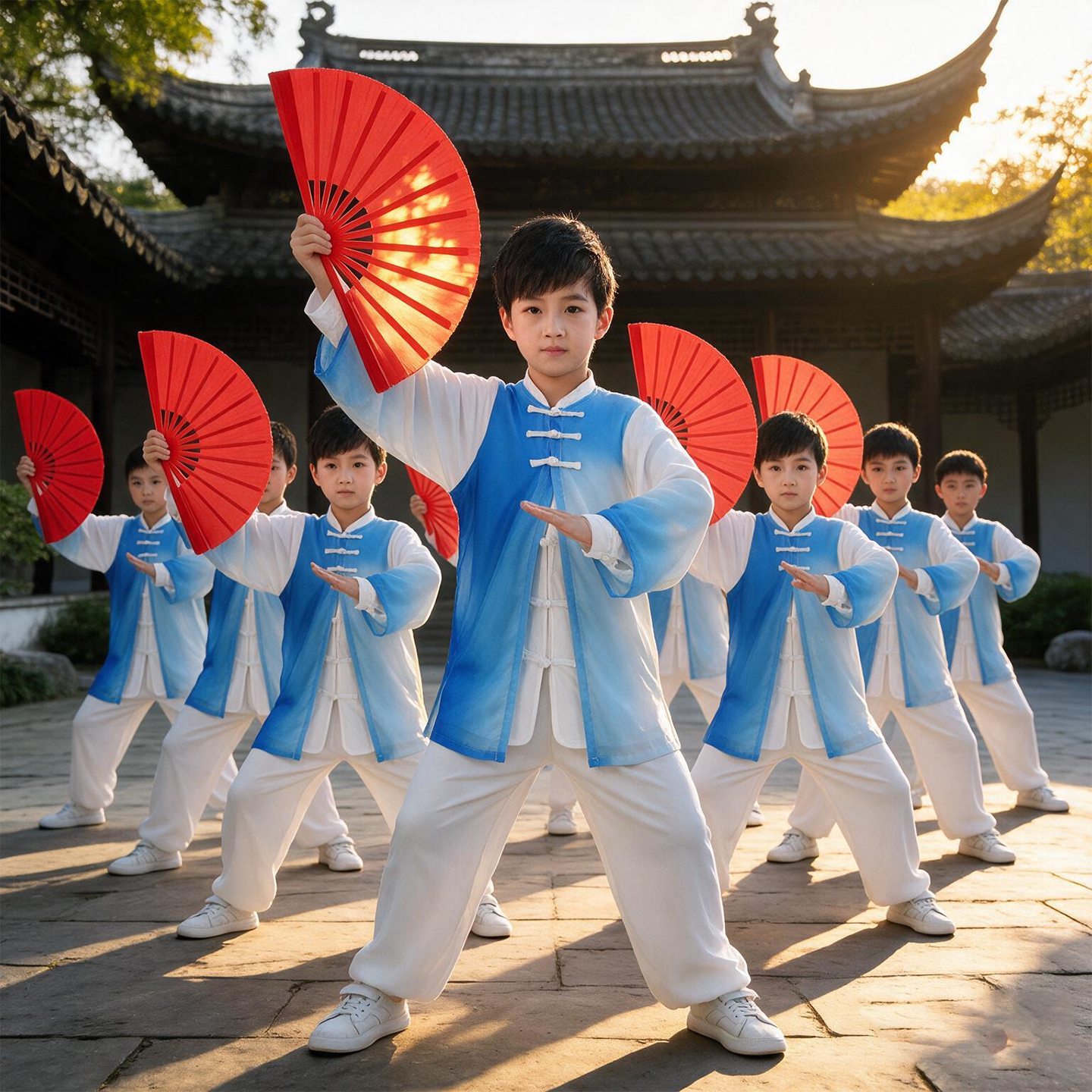 儿童武术表演小学生运动会渐变蓝色太极拳比赛团体功夫扇演出服装