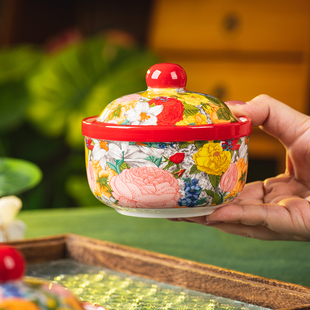 一人份手绘炖盅家用陶瓷瓦罐汤盅隔水炖带盖复古水蒸蛋燕窝专用碗