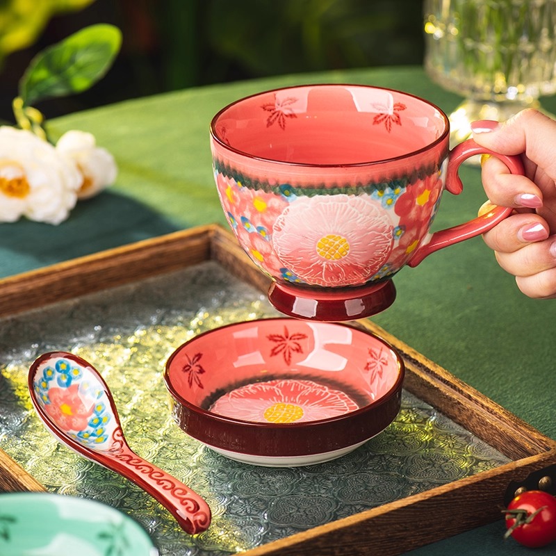 新款高颜值波兰陶瓷茶杯家用办公室早餐杯带盖马克杯水杯咖啡杯子