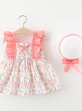 a741童装新款女宝宝飞袖棉布吊带裙1234岁宝宝碎花裙送帽代销