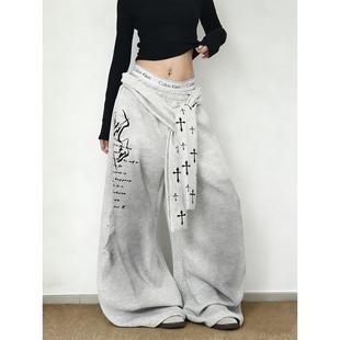 设计感jazz爵士舞拖地裤 美式 女秋冬加绒宽松阔腿裤 卫裤 做旧运动裤