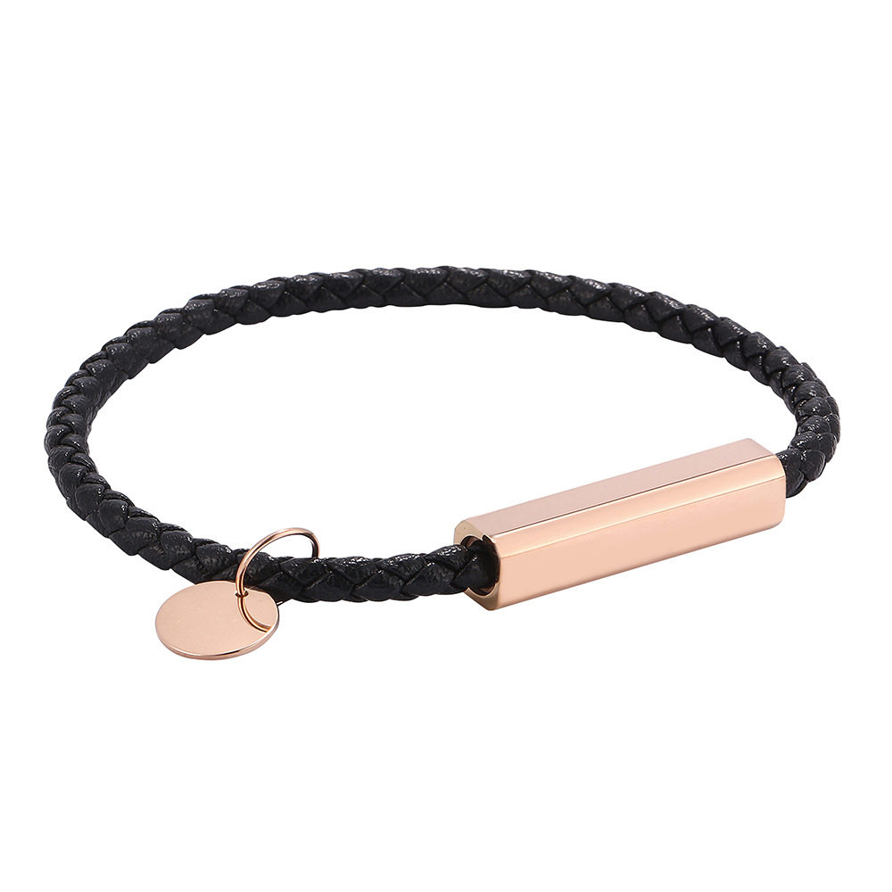 时尚简约单环皮绳钛钢磁铁扣情侣手链欧美创意刻字LOGO个性手饰品