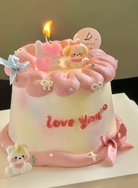 情人节蝴蝶结小狗小熊小兔子生日装饰摆件白方形love蜡烛生日蛋糕