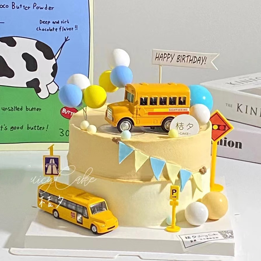 网红开学派对蛋糕装饰摆件黄色中巴校车校园巴士模型儿童汽车摆件
