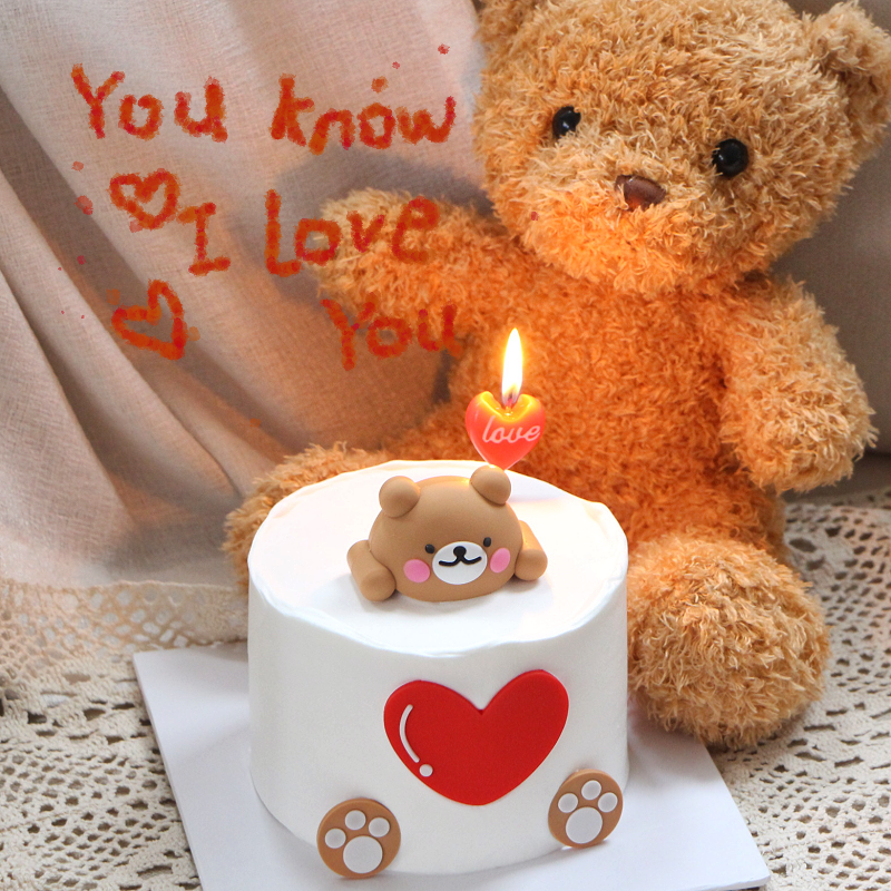 情人节软胶熊熊头蛋糕装饰摆件红色爱心蜡烛插件情侣纪念日插牌