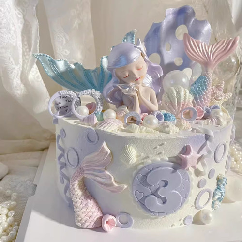 梦幻海洋公主女孩生日蛋糕装饰闭眼美人鱼贝壳鱼尾烘焙装扮摆件