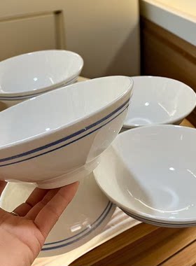 老式蓝边碗怀旧碗面碗菜碗米饭碗陶瓷小时候吃饭碗喝粥装扣肉碗
