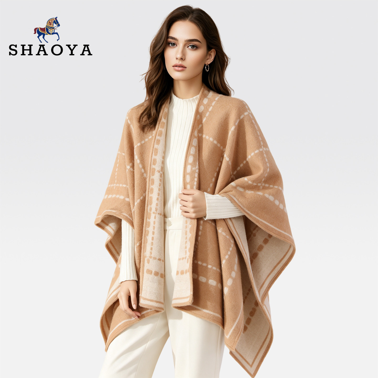 SHAOYA意大利纯羊毛披肩外套女秋冬加厚斗篷外搭大牌格纹围巾盖毯