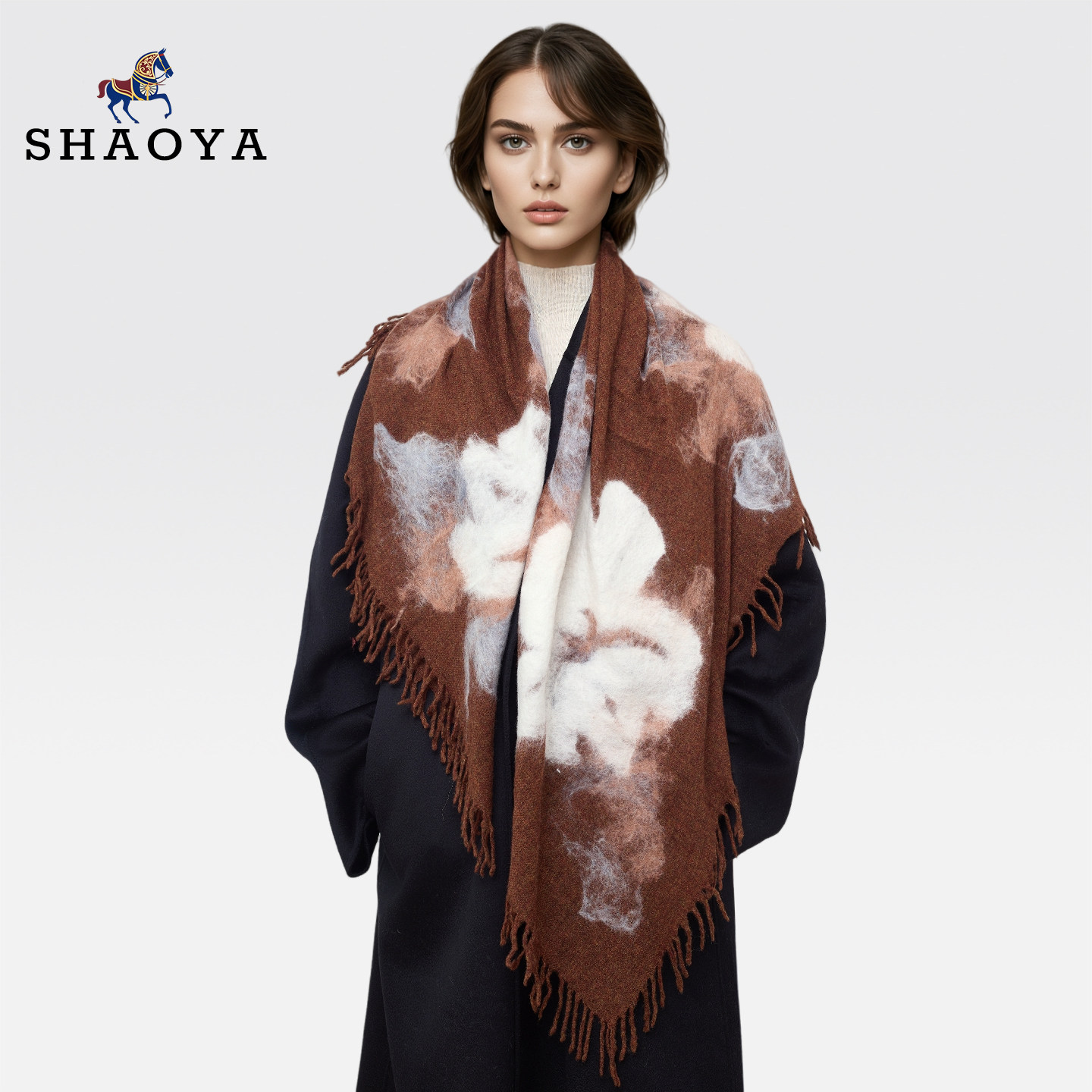 SHAOYA韶雅意大利纯山羊绒披肩非遗手工印花围巾女秋冬文艺大方巾