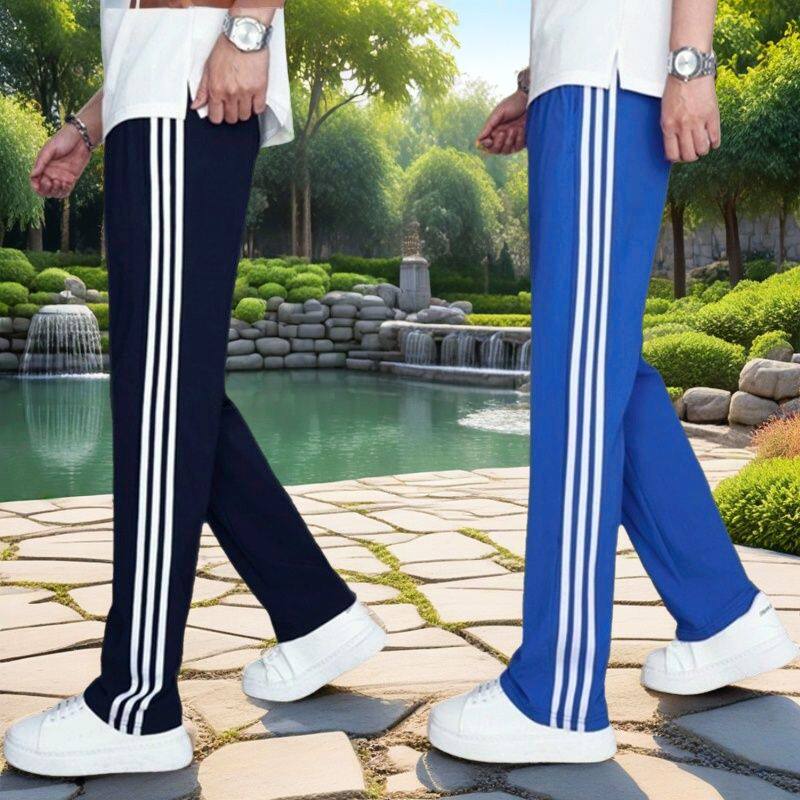 夏冰丝三道杠男女运动裤学生校裤初高中直筒薄款藏蓝色三白条宽松