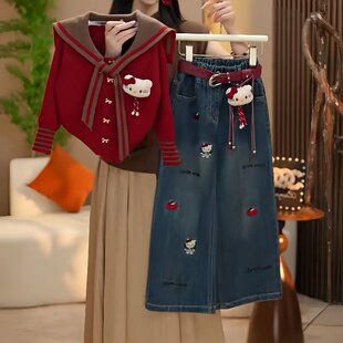 两件套 中大童卡通海军领卡通上衣牛仔裤 女童2025秋款 上新女童套装