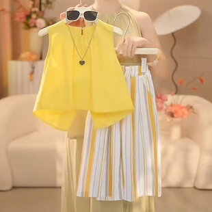 2026新款女童夏季韩版套装阔腿裤洋气儿童短袖时髦百褶短裙两件套