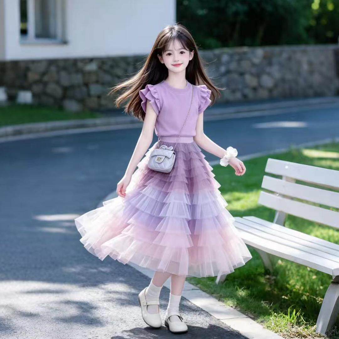 2026新款女童裙子夏季儿童装女孩彩虹蛋糕裙中大童夏装洋气套装裙