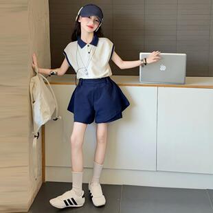 女童POLO衫短袖套装夏季2026新款洋气儿童时髦运动短裤两件套潮