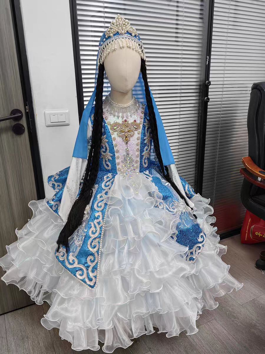 快乐阳光女童演出服小胡杨塔里木撒拉花独唱表演礼服新疆哈萨克族