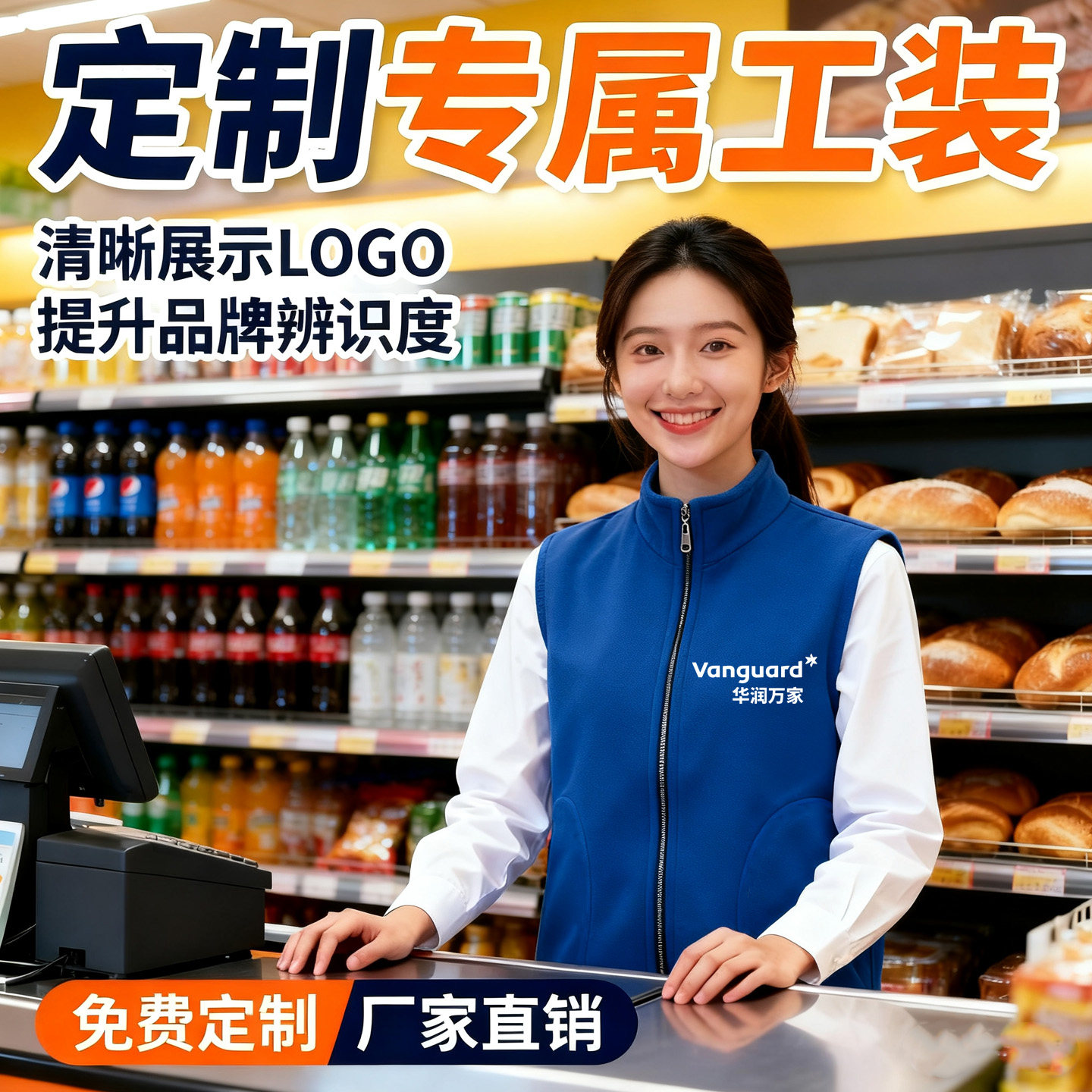 秋冬季保暖工作服生鲜超市蓝色马甲印图绣字活动背心工装定制Logo