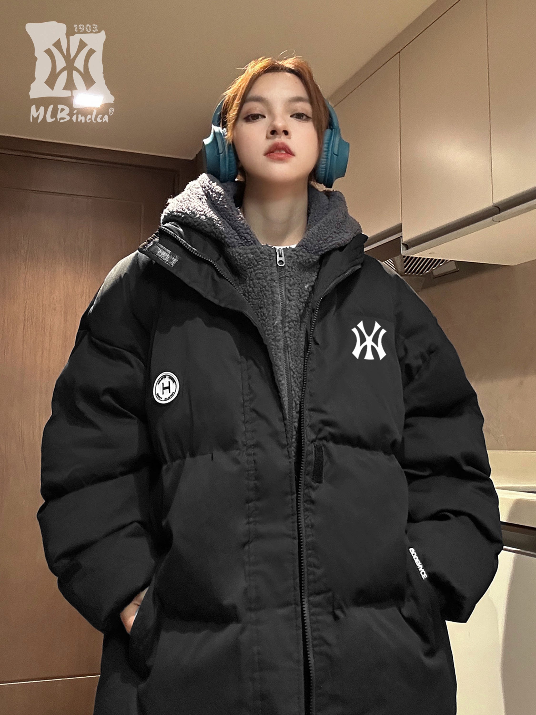 MLBINCLEA 남녀공용 페이크 투피스 다운 코튼 자켓 도톰한 겨울룩 커플자켓 후드빵수트