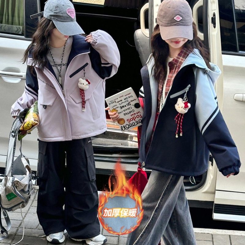 女童加绒冲锋衣冬季2025新款超洋气拼色中大童儿童保暖休闲外套冬