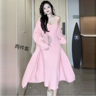 套裙过膝 开衫 秋冬针织两件套女宽松开衫 吊带连衣裙减龄气质长款