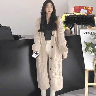 法式复古麻花中长款过膝开衫女秋冬加厚慵懒风高级感毛衣外套韩系
