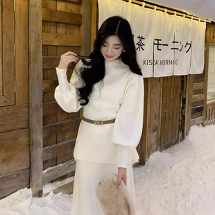 温柔半高领灯笼袖针织连衣裙套装女秋冬收腰显瘦毛衣半身裙两件套