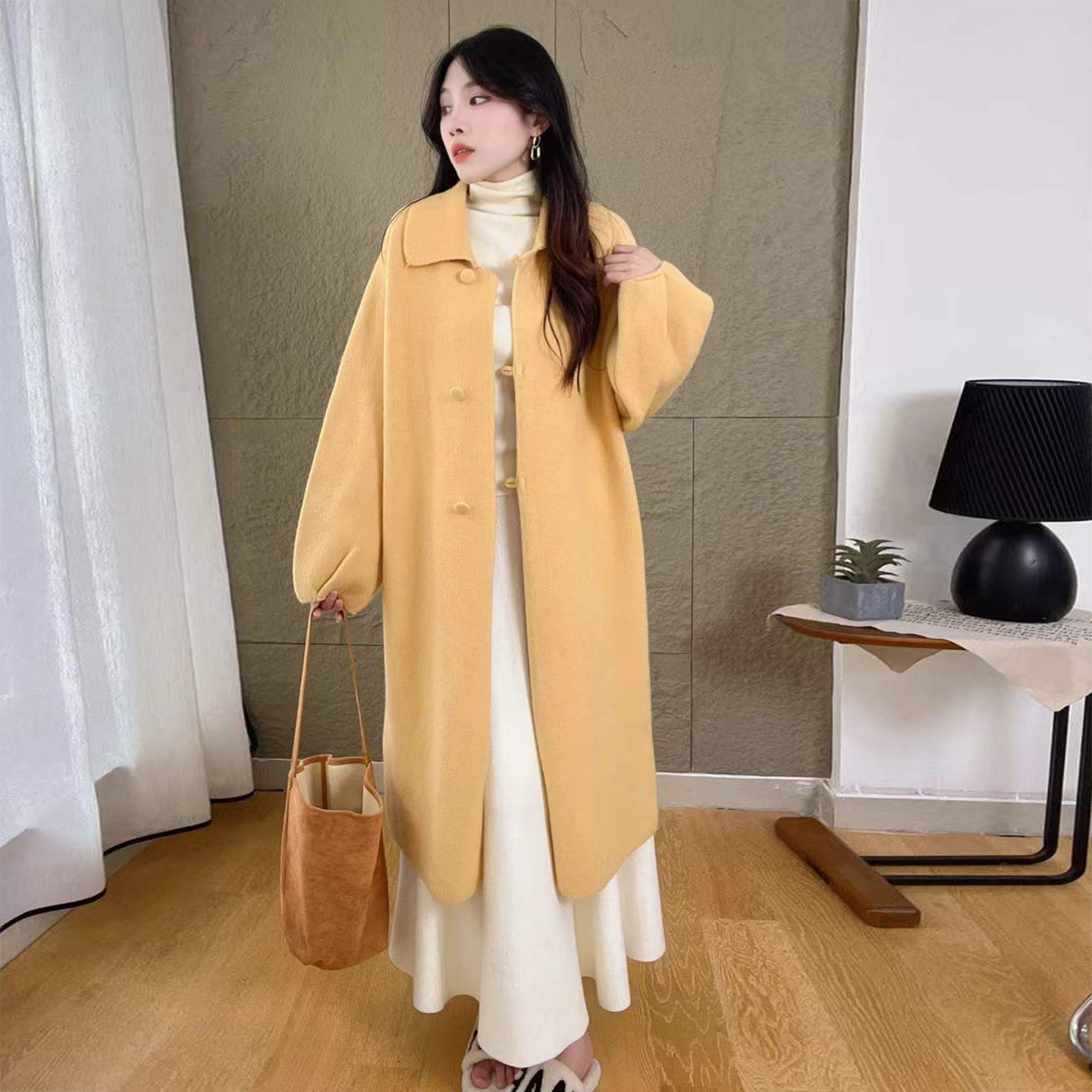 韩系翻领气质长款针织外套