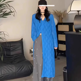 慵懒风宽松春夏女显瘦镂空针织开衫中长款过膝设计感V领薄款外套