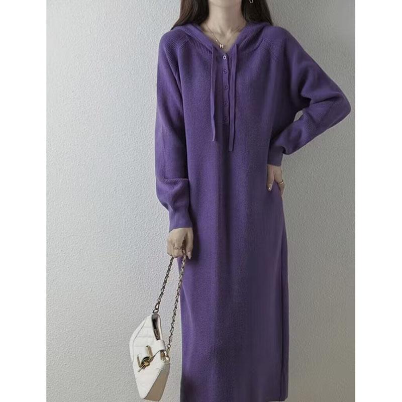 针织连帽法式宽松连衣裙毛衣裙