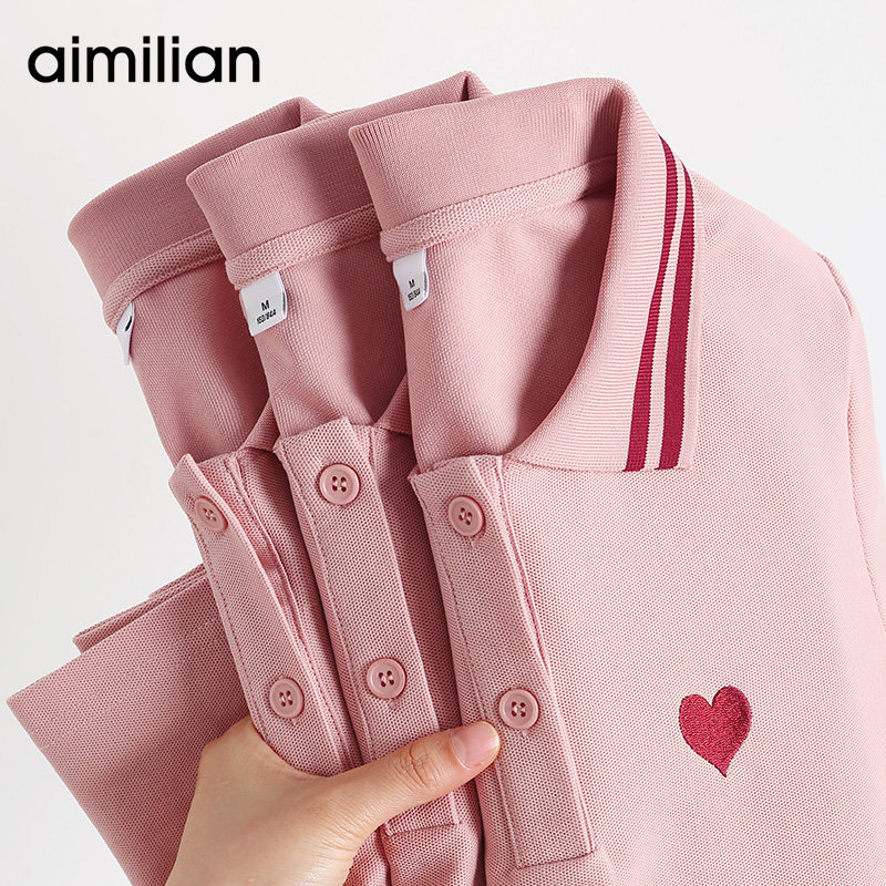 艾米恋polo衫女士翻领粉色上衣薄2021年新款夏季运动宽松短袖t恤