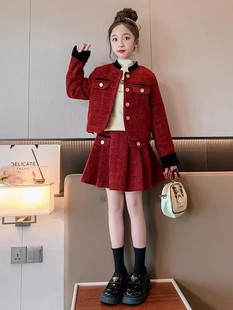 女童小香风套装秋冬款2024新款儿童红色连衣裙新年衣服过年服裙子