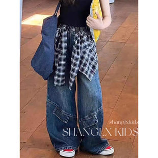 女童裤子2025新款今年流行爆款格子屁帘工装裤儿童秋冬加绒牛仔裤