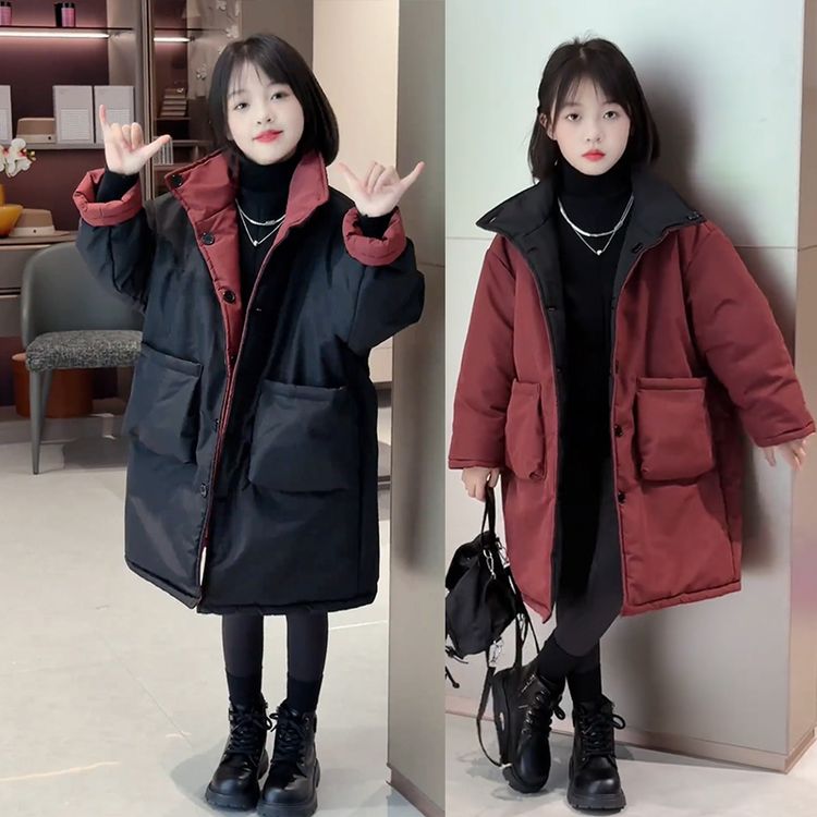女童两面穿棉服冬装2024新款中大童棉服中长款儿童冬季加厚外套
