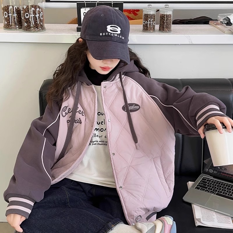 女童外套秋冬款2024新款儿童冬装加绒夹棉加厚棒球服大童冬季棉服