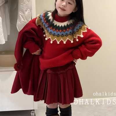 女童毛衣秋冬款2025新款儿童费尔岛红色圆领针织衫女孩加厚外套冬