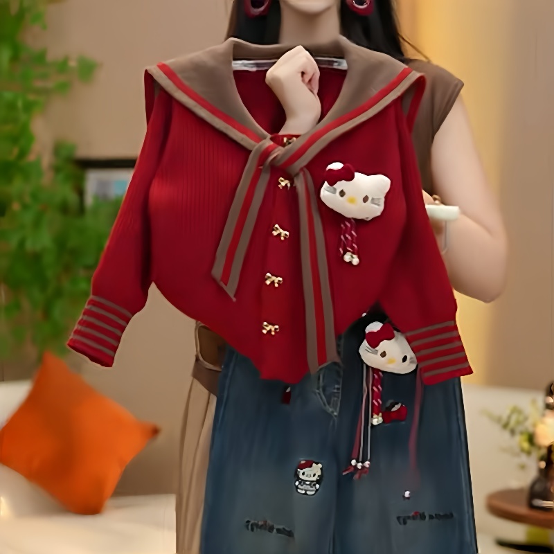 女童针织开衫套装春秋2025新款儿童女孩KT猫牛仔裤加绒两件套洋气