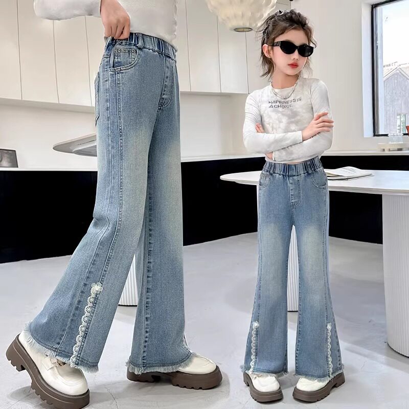 女童裤子2026新款春秋时尚儿童中大童韩版女孩弹力花边牛仔喇叭裤