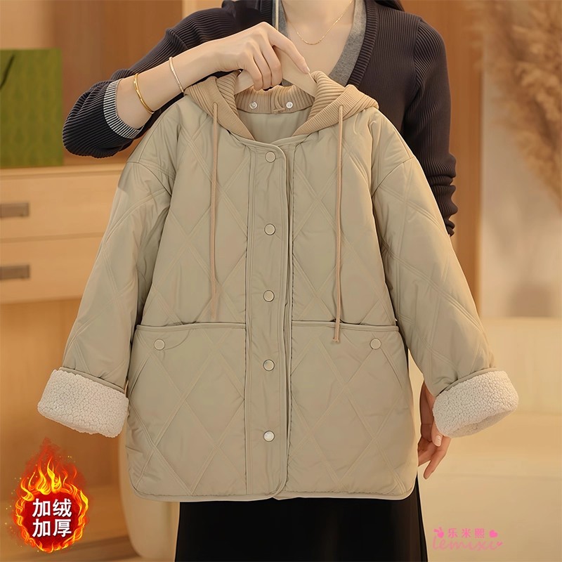 女童毛线帽加绒棉衣2025秋冬款中长款大童加厚羽绒棉服派克服棉袄