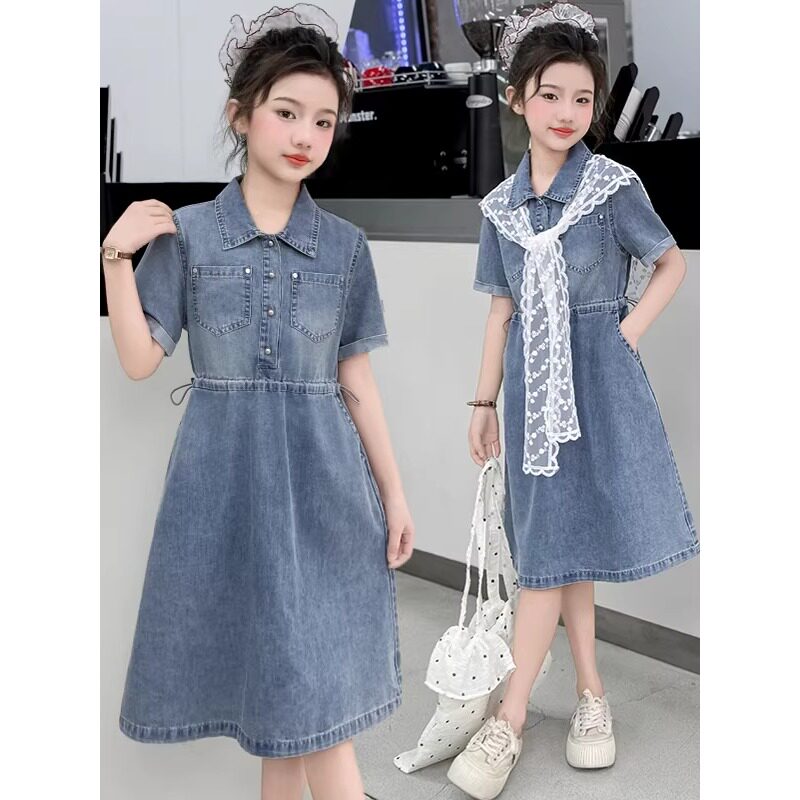 女童牛仔连衣裙夏季薄款2026新款儿童夏装洋气时髦短袖女大童裙子