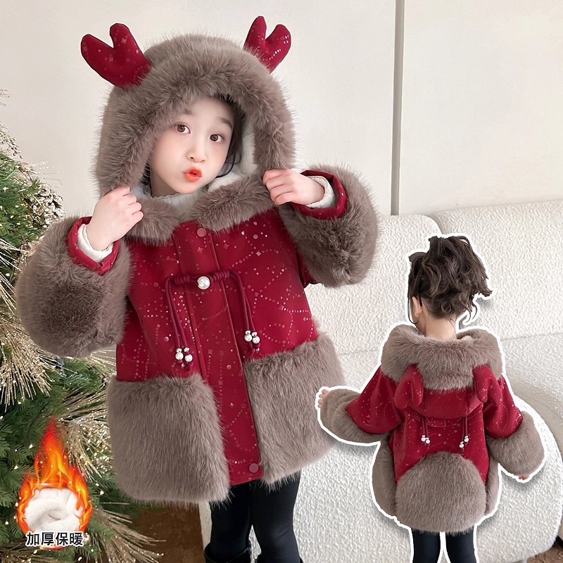女童加绒呢大衣冬装洋气女孩红色新年外套拜年服国风加厚皮草棉衣