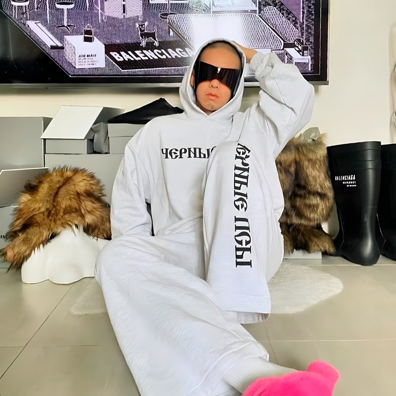 YEEZY侃爷同款黑狗俄文男女卫裤