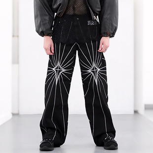 Thug CLUB朴宰范同款重工蜘蛛网刺绣水洗中腰牛仔裤休闲阔腿长裤