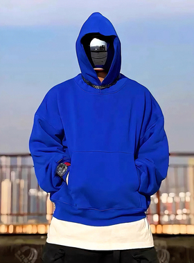 YEEZY侃爷Kanye同款克莱因蓝帽衫重磅双层宽松连帽纯色男女卫衣