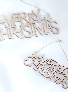 北欧自然风外贸原木色圣诞快乐英文字母主题挂件圣诞树装饰品布置